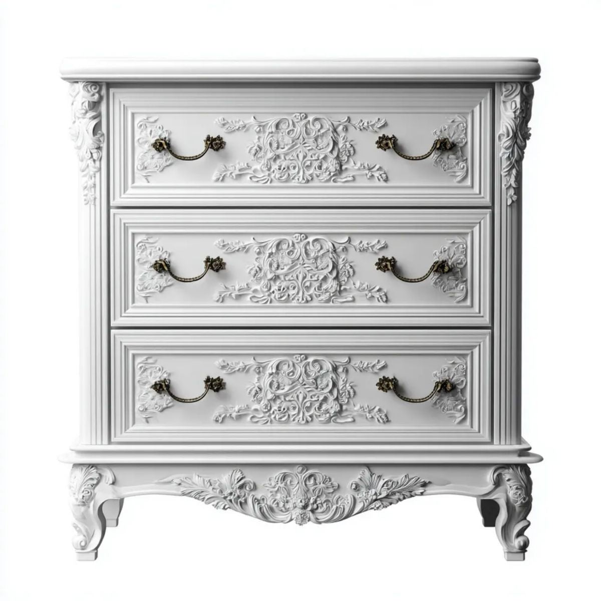 Barokowa biała komoda z płyty MDF, 3 szuflady, 100 × 45 × 100 cm