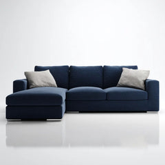 Granatowa sofa narożna z lewostronnym szezlongiem, tapicerka poliestrowa, 280 x 165 x 85 cm