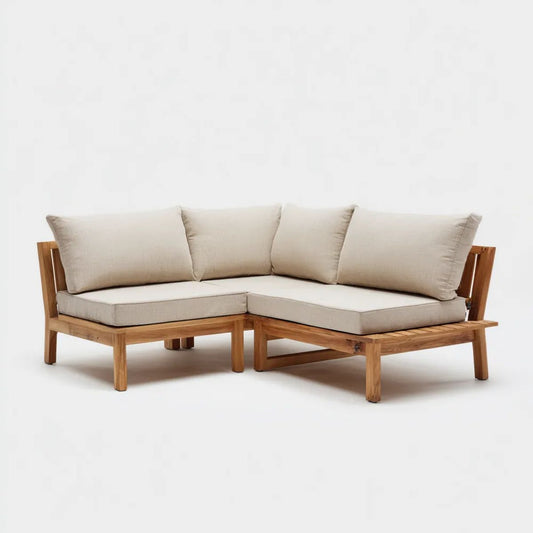 4-osobowa narożna sofa ogrodowa w kształcie L z litego drewna akacjowego, beżowa, 150 × 150 × 70 cm
