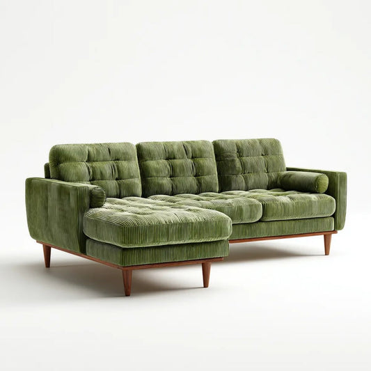 Zielona sofa narożna z lewym szezlongiem, tapicerka sztruksowa z poliestru, 260 × 160 × 85 cm